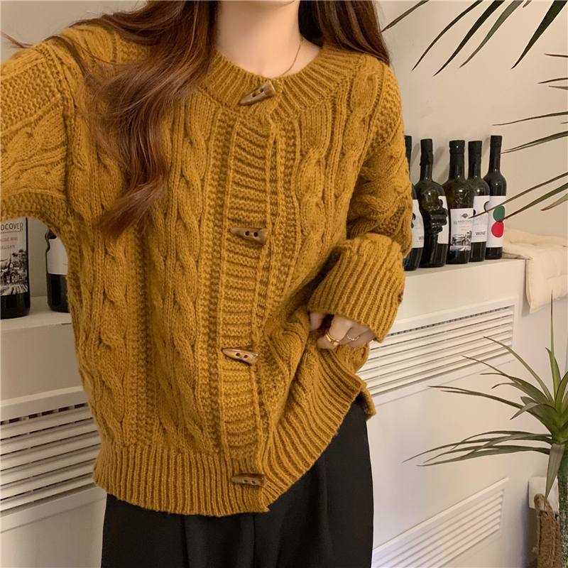 Retro horn buckle coat Korean style twist sweater for women