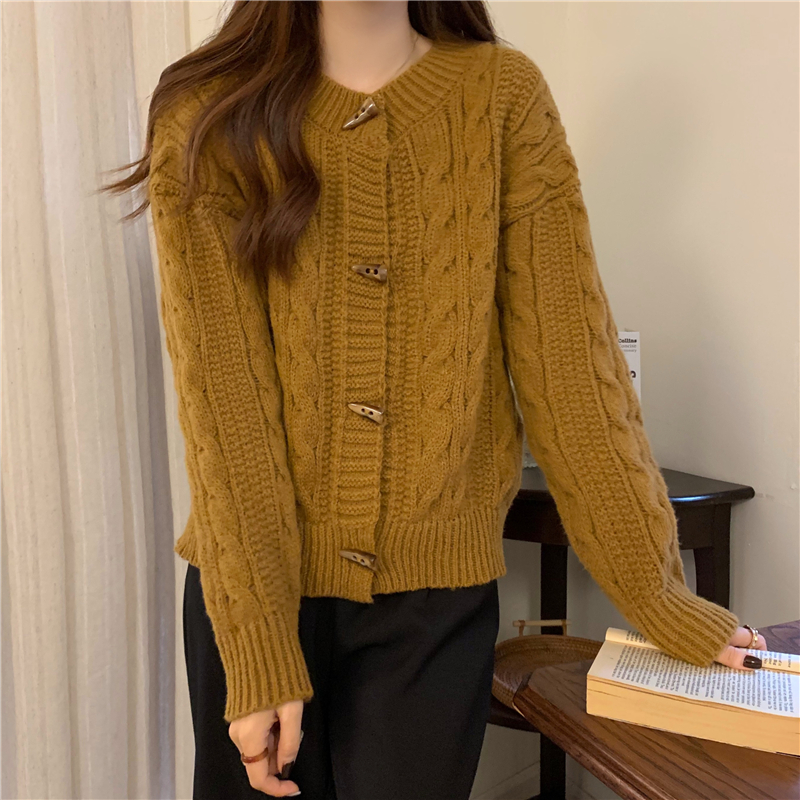 Retro horn buckle coat Korean style twist sweater for women