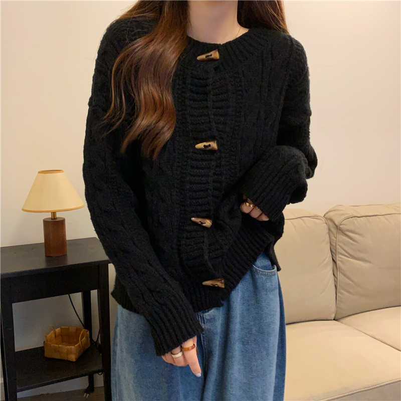 Retro horn buckle coat Korean style twist sweater for women