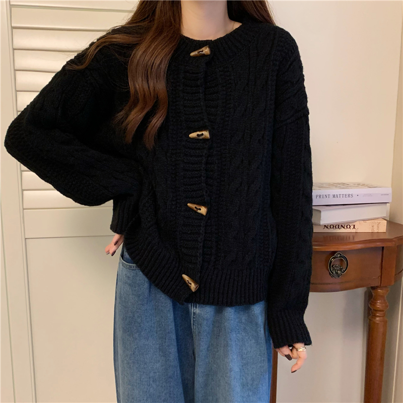 Retro horn buckle coat Korean style twist sweater for women