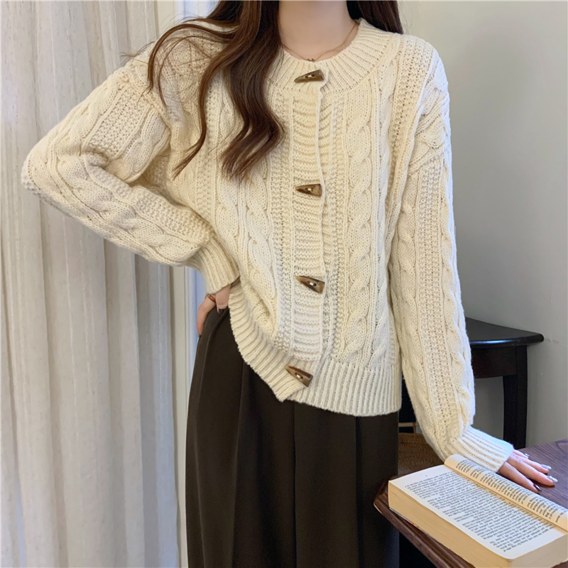 Retro horn buckle coat Korean style twist sweater for women