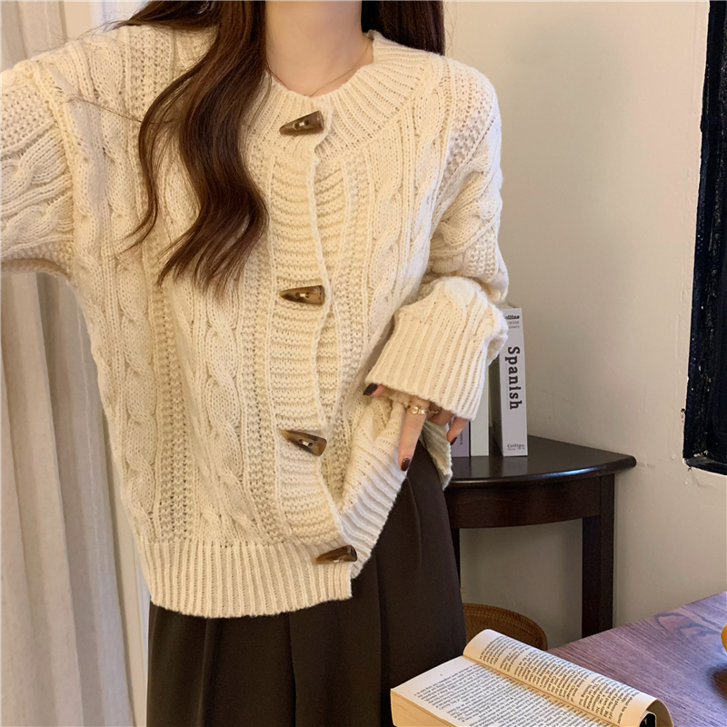 Retro horn buckle coat Korean style twist sweater for women