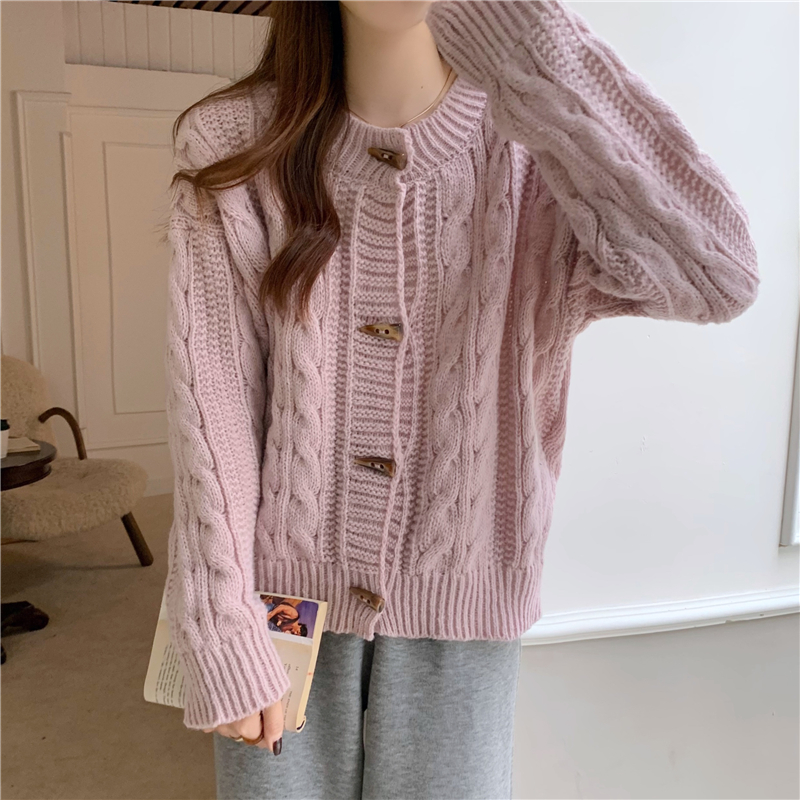 Retro horn buckle coat Korean style twist sweater for women