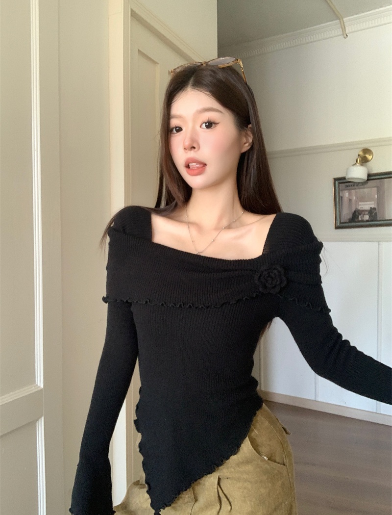 Flat shoulder knitted sweater France style tops