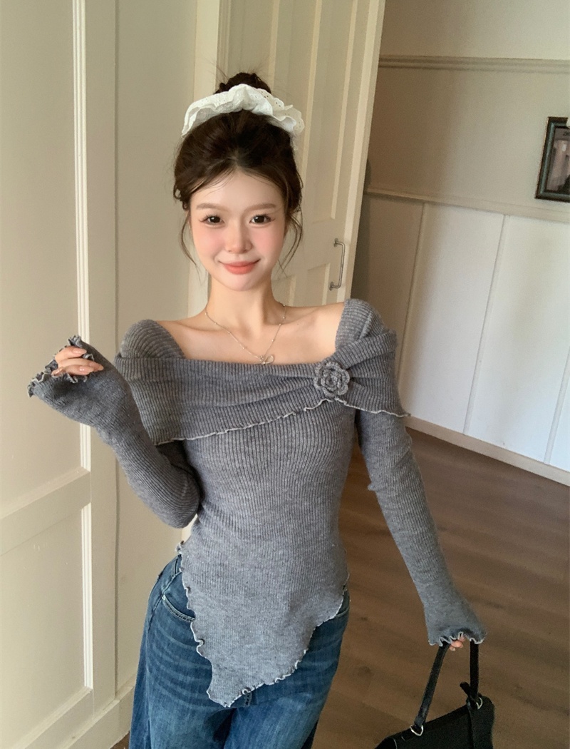 Flat shoulder knitted sweater France style tops