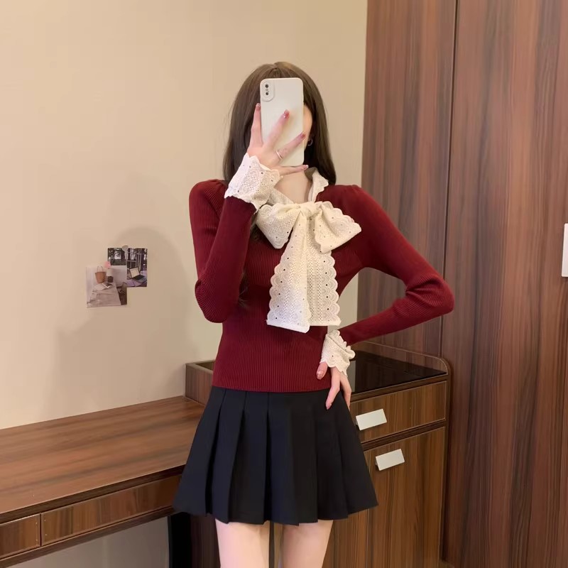 Knitted short bottoming shirt maroon bow tops for women