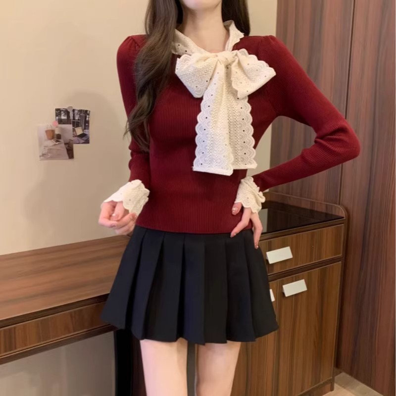 Knitted short bottoming shirt maroon bow tops for women