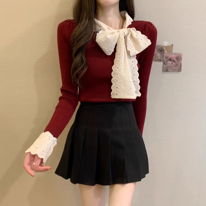 Knitted short bottoming shirt maroon bow tops for women