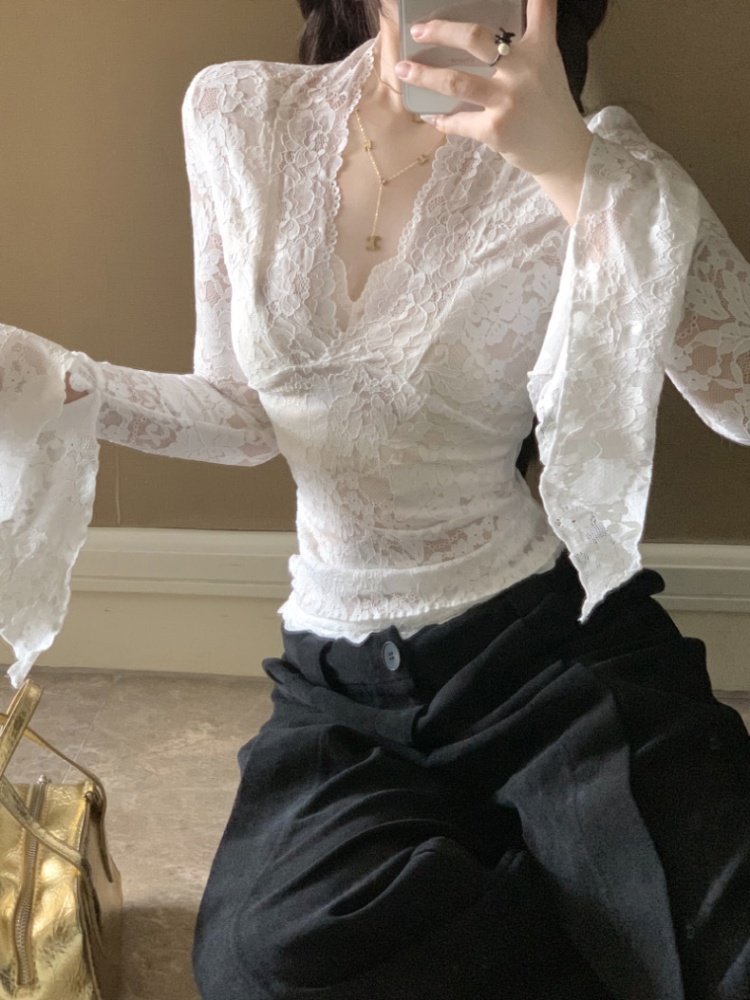 Short enticement lace shirts autumn long sleeve tops for women