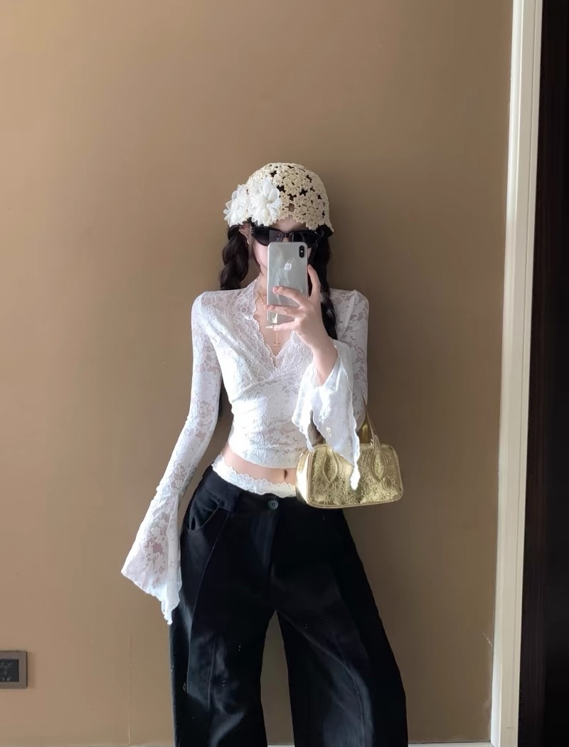 Short enticement lace shirts autumn long sleeve tops for women