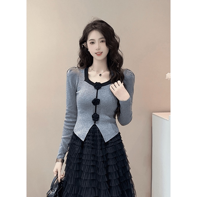 France style stereoscopic square collar sweater