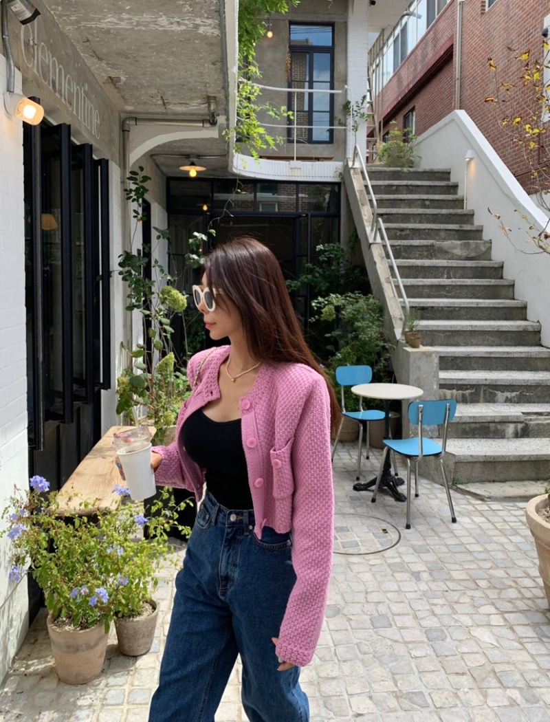 Korean style pocket round neck all-match cardigan