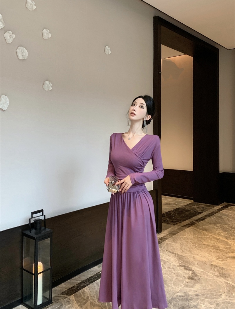 Pinched waist elasticity dress Hepburn style long dress