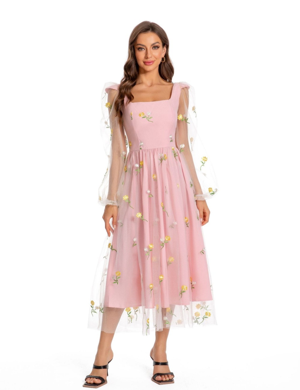 Loose sweet long dress long sleeve embroidery dress for women