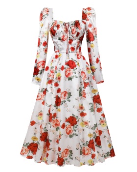 Elegant rose long formal dress printing slim long sleeve dress