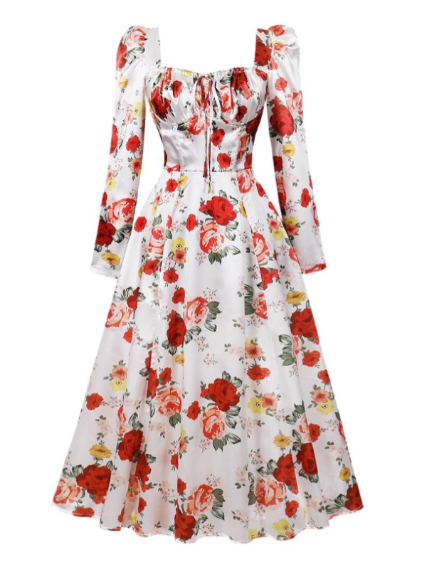 Elegant rose long formal dress printing slim long sleeve dress