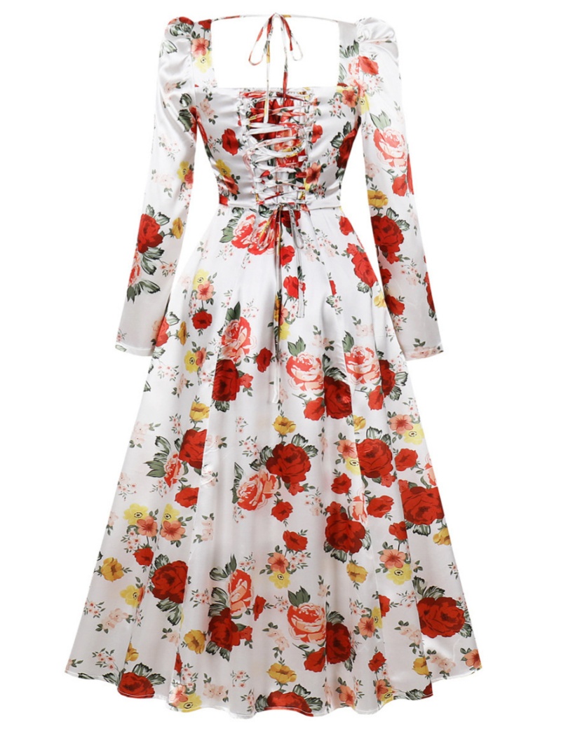 Elegant rose long formal dress printing slim long sleeve dress