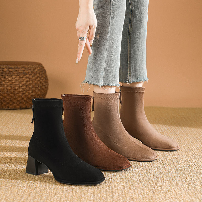 Elasticity broadcloth short boots square head half Boots