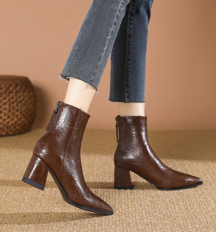 High-heeled slim boots brown pointed ankle boots for women