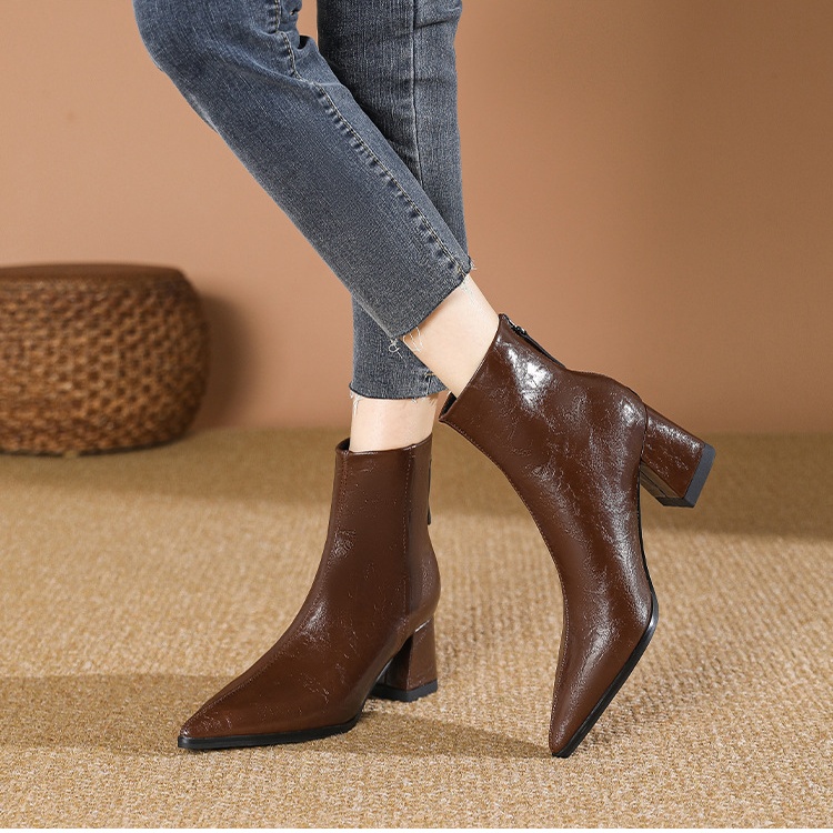 High-heeled slim boots brown pointed ankle boots for women