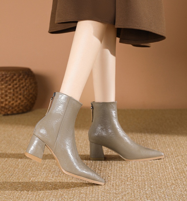 High-heeled slim boots brown pointed ankle boots for women