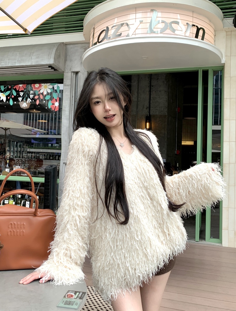 Loose V-neck elmo tops tassels Korean style slim sweater