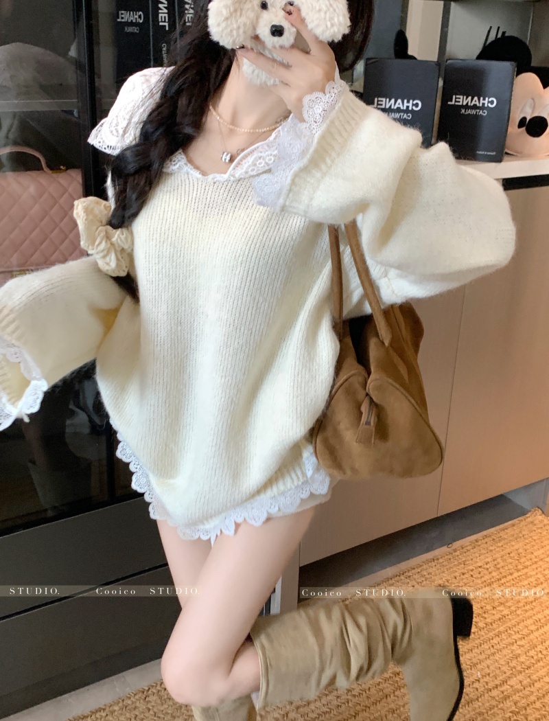 Long pullover tops lace autumn and winter sweater