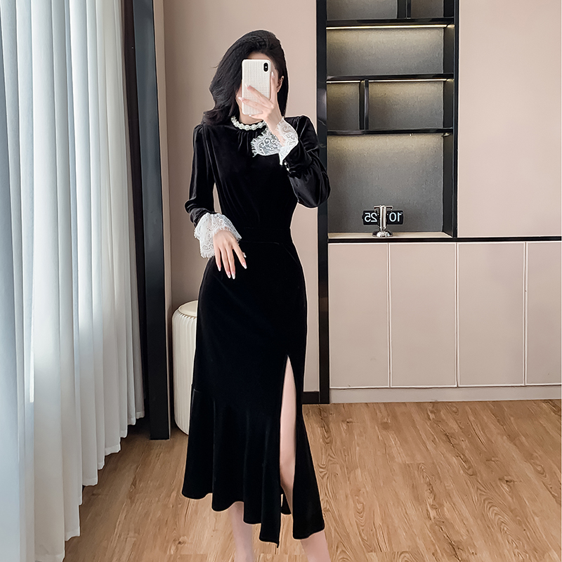 Mermaid hem split lace pearl autumn and winter long dress