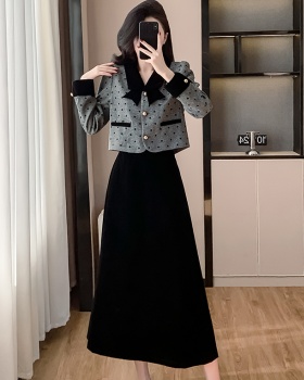 Polka dot winter thick skirt lady long tops 2pcs set