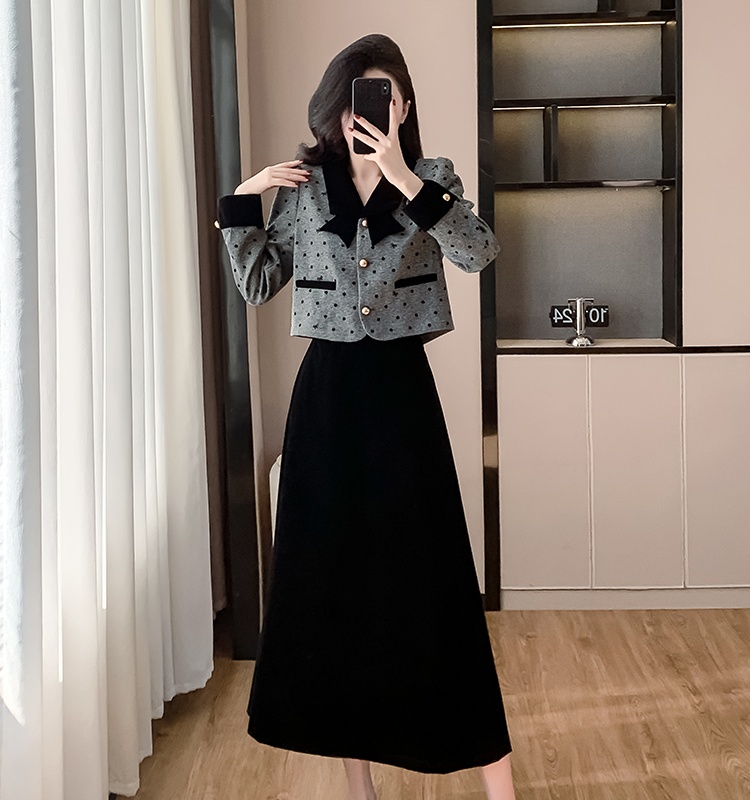 Polka dot winter thick skirt lady long tops 2pcs set