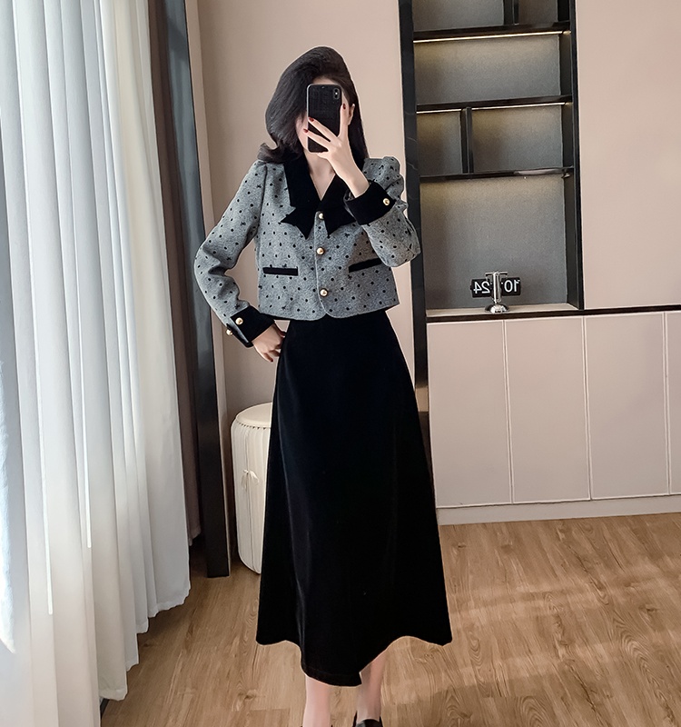 Polka dot winter thick skirt lady long tops 2pcs set