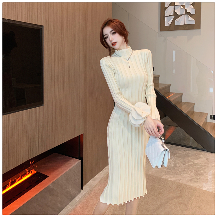 Bottoming slim dress petal sleeve sweater dress