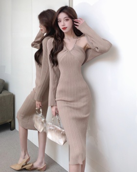 Knitted strap dress dress 2pcs set for women