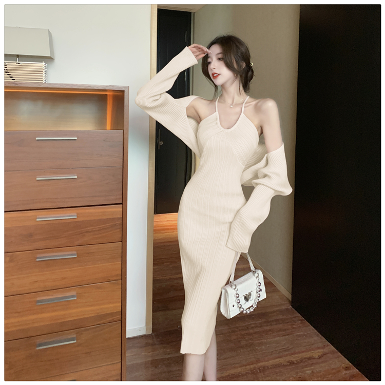 Knitted strap dress dress 2pcs set for women