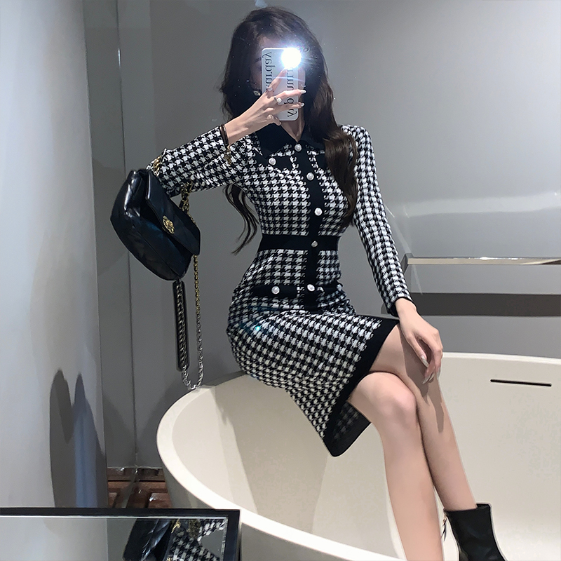 Knitted houndstooth bottoming temperament ladies dress