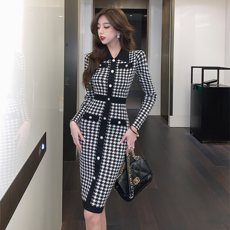 Knitted houndstooth bottoming temperament ladies dress