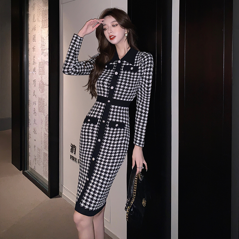 Knitted houndstooth bottoming temperament ladies dress