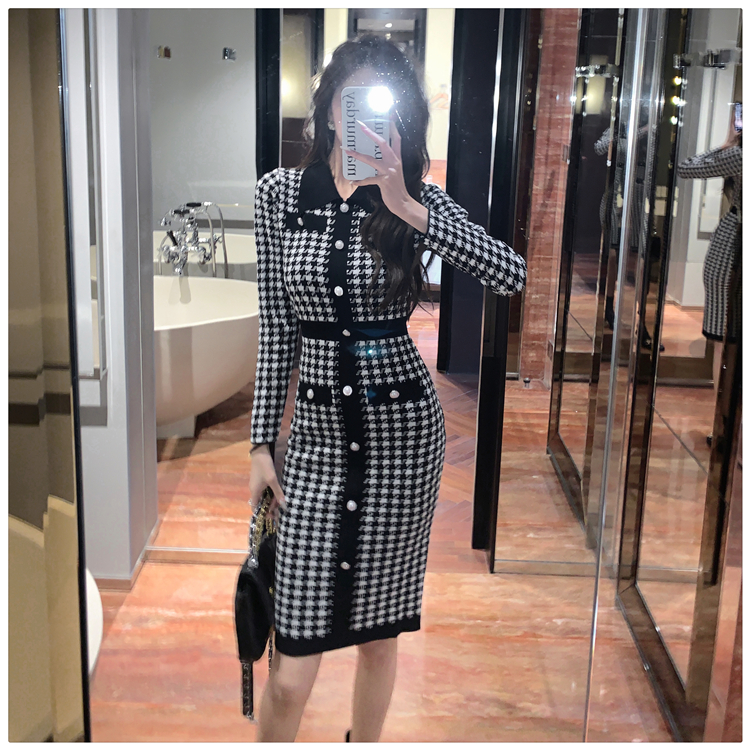 Knitted houndstooth bottoming temperament ladies dress