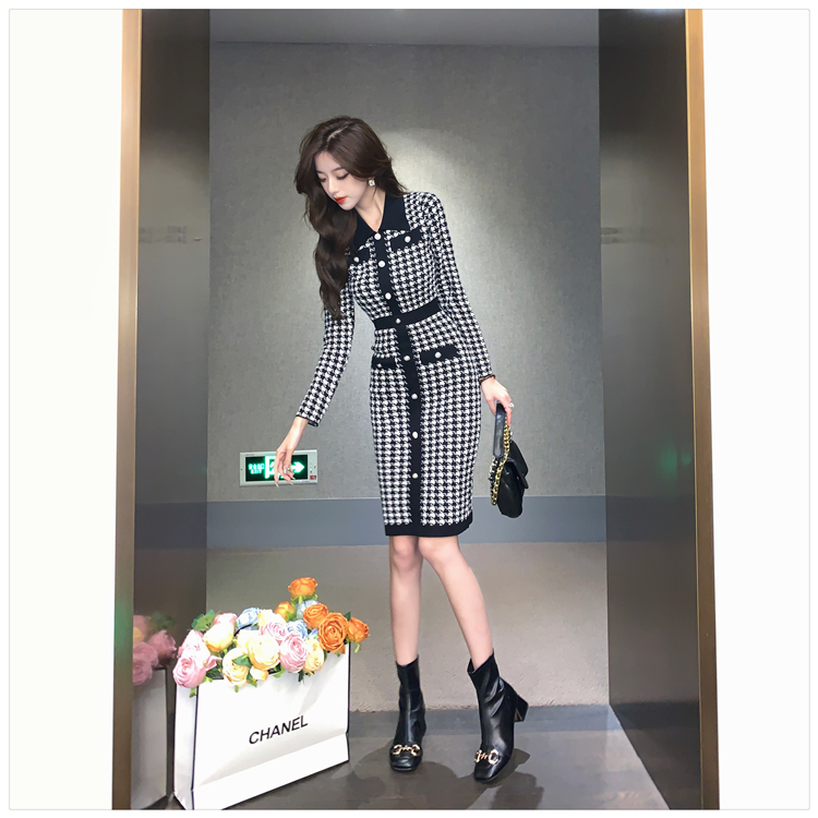 Knitted houndstooth bottoming temperament ladies dress