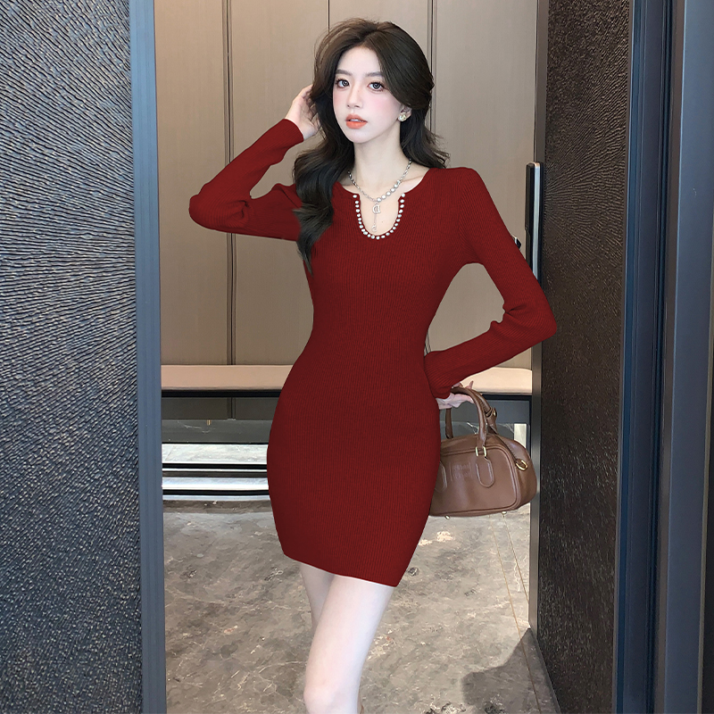 Slim V-neck dress package hip sweater dress for women