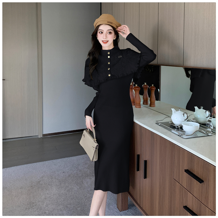 Knitted temperament dress retro shawl 2pcs set for women