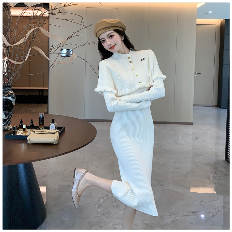 Knitted temperament dress retro shawl 2pcs set for women