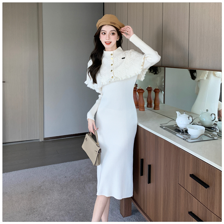 Knitted temperament dress retro shawl 2pcs set for women