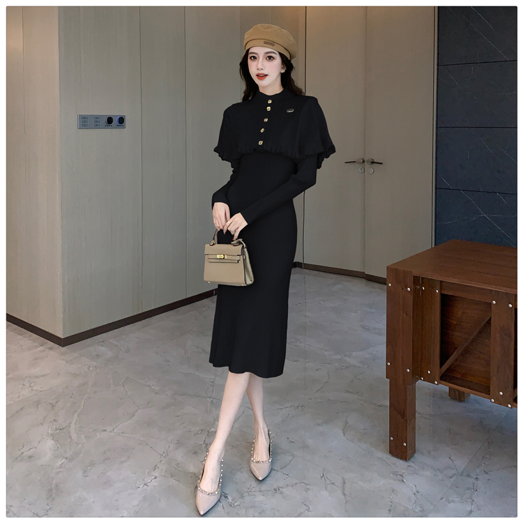 Knitted temperament dress retro shawl 2pcs set for women