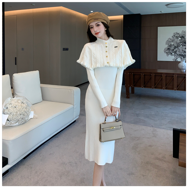 Knitted temperament dress retro shawl 2pcs set for women