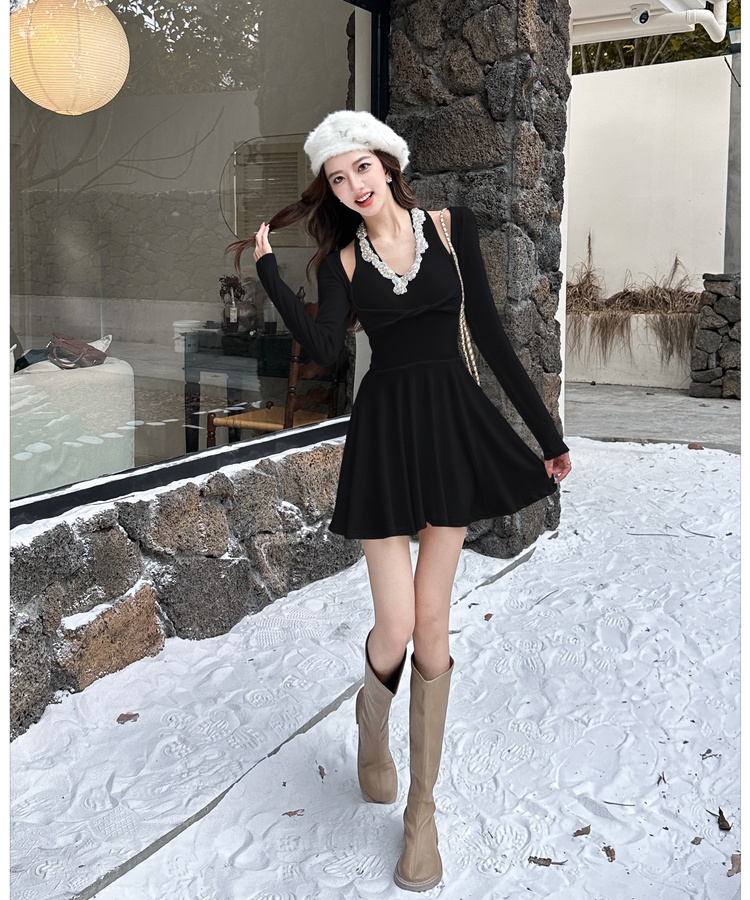 Halter pinched waist T-back cashmere dress for women