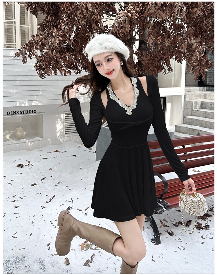 Halter pinched waist T-back cashmere dress for women