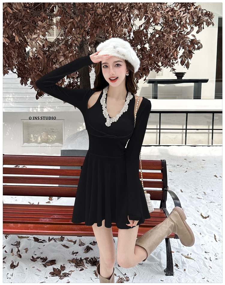 Halter pinched waist T-back cashmere dress for women