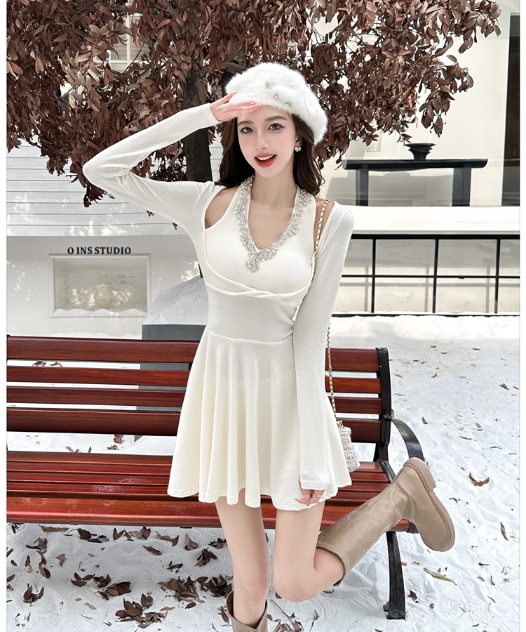 Halter pinched waist T-back cashmere dress for women