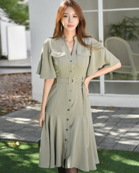 Spring slim Korean style woven V-neck single-breasted dress